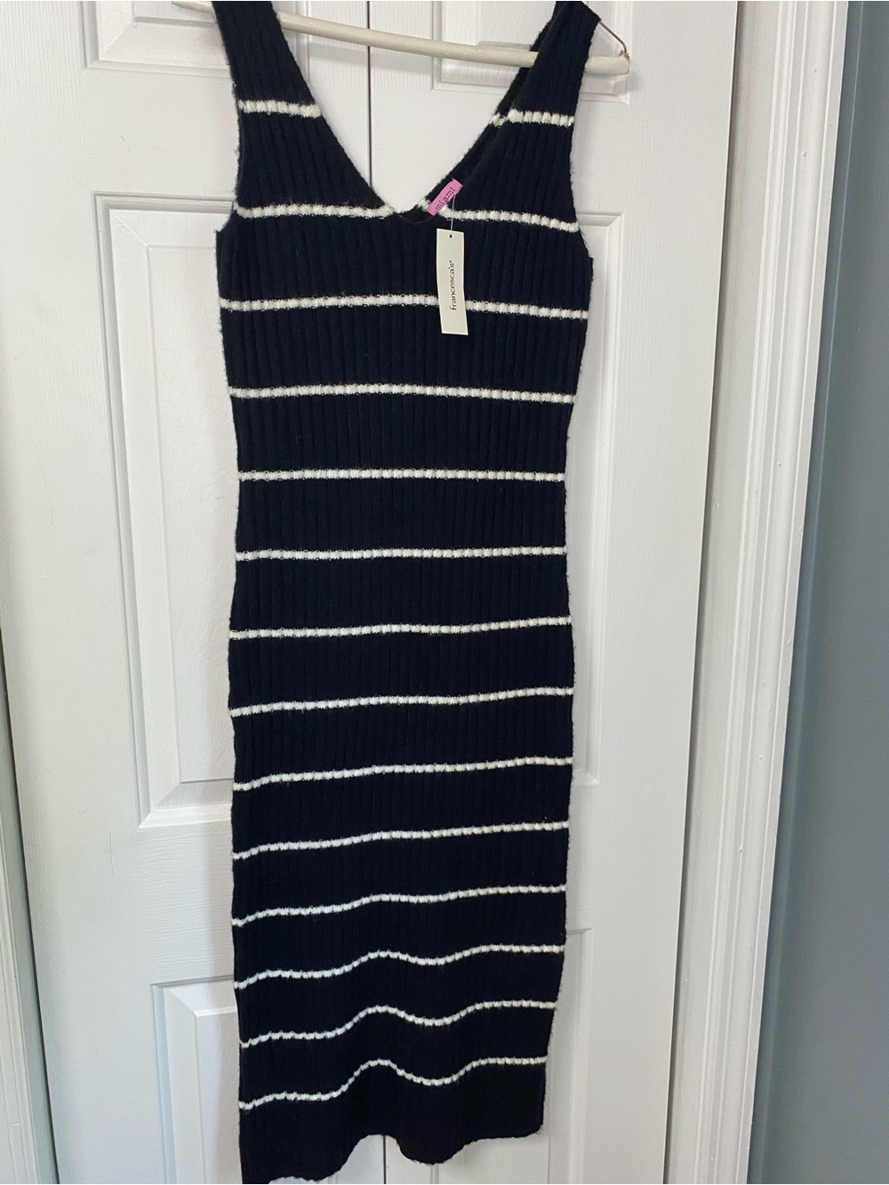 miami Black and White Striped Ribbed V‑Neck Dress